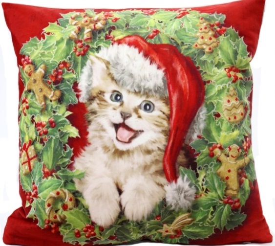 Czerwona świąteczna poszewka z kotkiem w czapce mikołaja