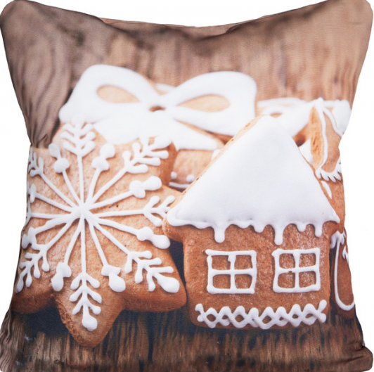 Bożonarodzeniowa 40x40 poszewka na poduszkę z pierniczkami w kształcie domu