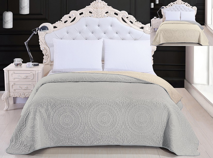 Modna pikowana narzuta na łóżko w kolorze kremowo szarym w stylu vintage