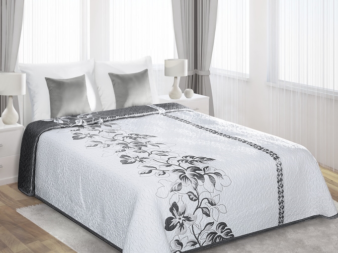 Białe dwustronne narzuty na łóżko w stalowe kwiaty
