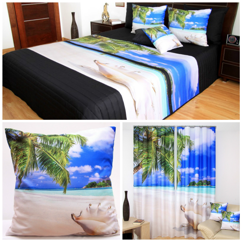Komplet do sypialni w kolorze niebieskim z morzem i palmami
