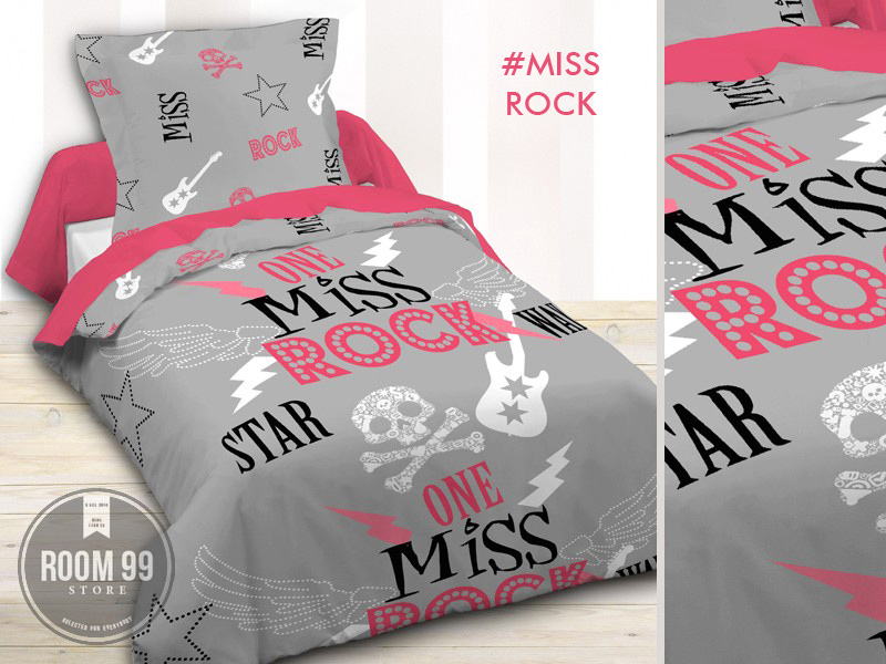 Modne szare pościele bawełniane z napisem MISS ROCK