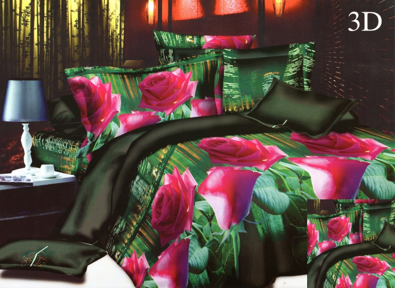 Różowe róże pościel na łóżko w kolorze zielonym
