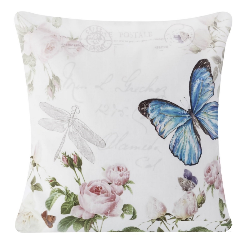 Kremowa poszewka na poduszkę z niebieskim motylem