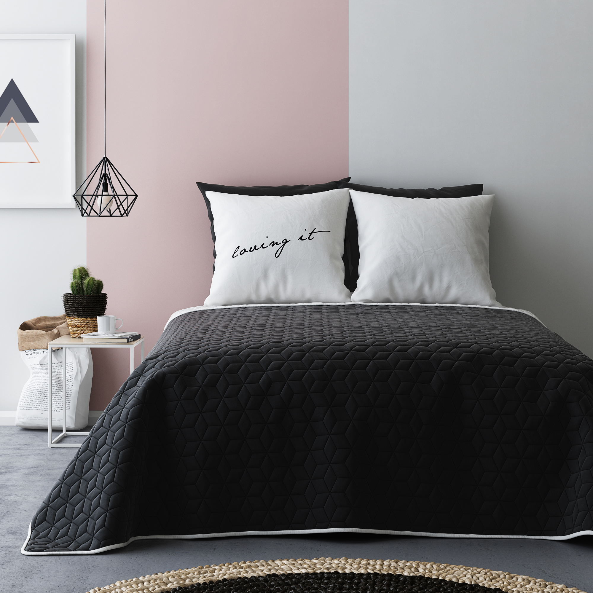 Dwustronna narzuta na łóżko w kolorze czarno białym