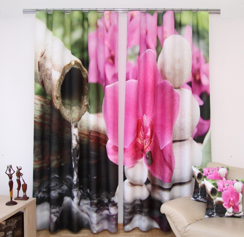 Zasłony 3D dekoracyjne w kolorze biało zielonym z różową orchideą