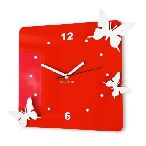 Modny czerwony zegar na ścianę z motylami