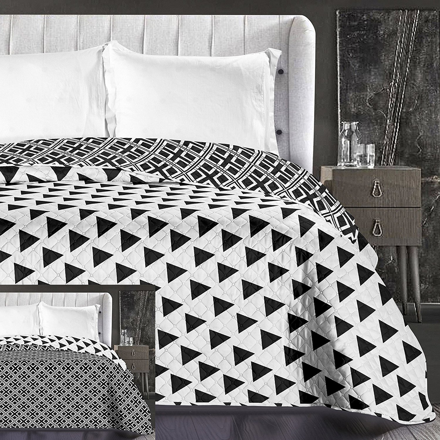 Biało czarna narzuta na łóżko we wzory