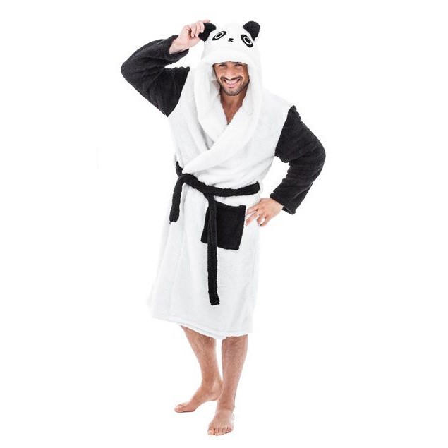 Śmieszny szlafrok męski biało czarna ciepła panda z długimi rękawami