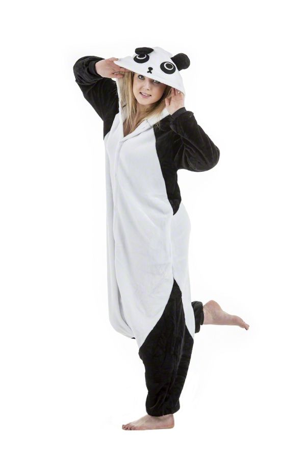 Biała piżama damska z mikrofibry panda z czarnymi małymi uszami