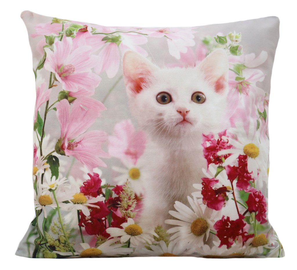 Przyjemna w dotyku szara poszewka na poduszkę 3D z białym małym kotkiem