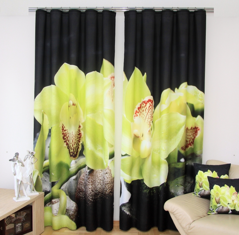 Zasłony 3D dekoracyjne w kolorze czarnym z zieloną orchideą