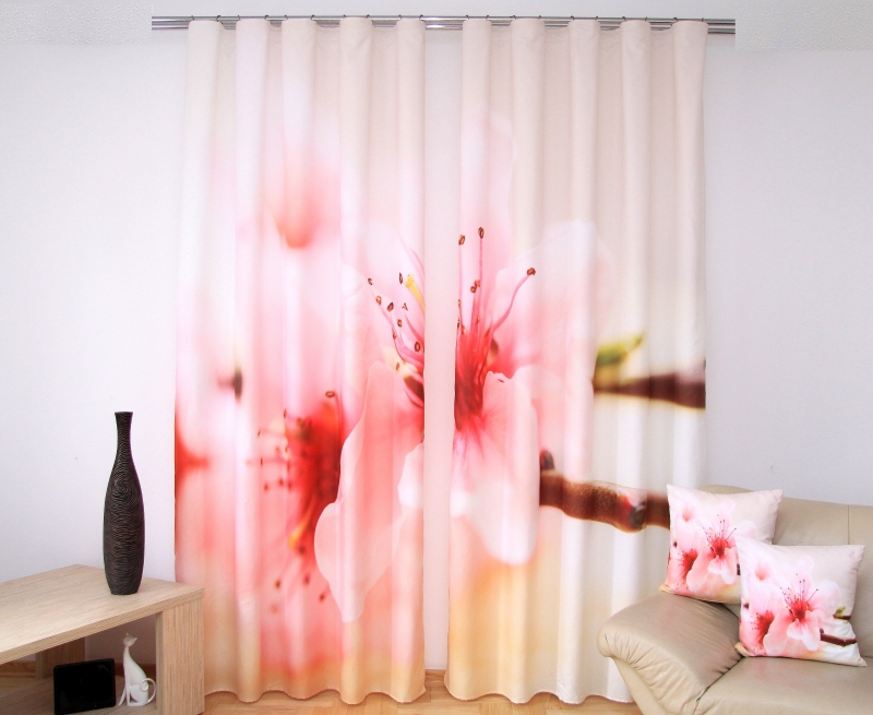 zasłony 3D dekoracyjne w kolorze kremowym z różową orchideą