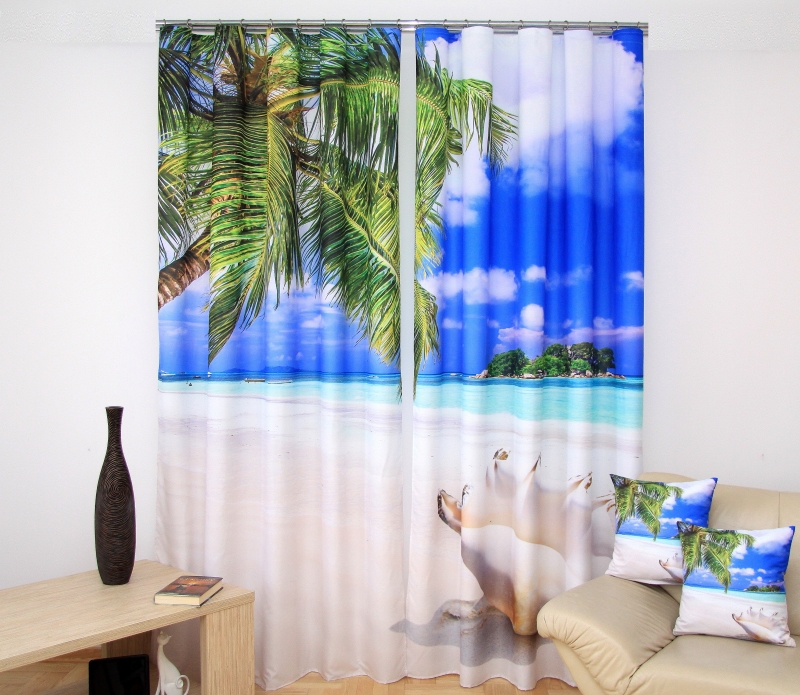 Gotowe niebieskie zasłony 3D do salonu z wodą i palmami
