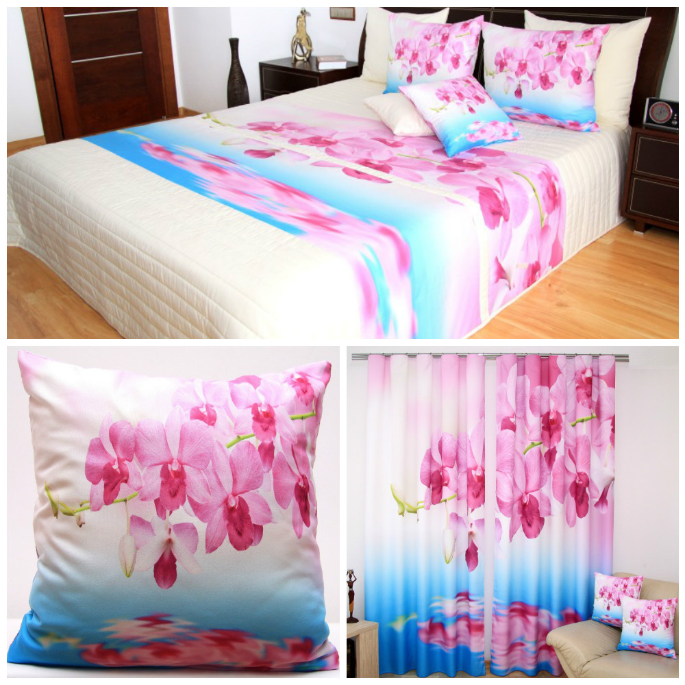 Różowo niebieski komplet do sypialni w kwiaty