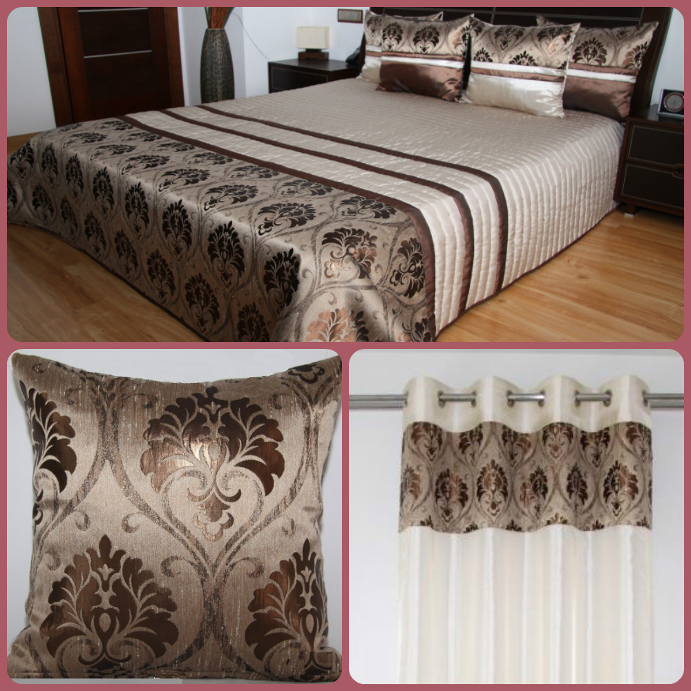 Jasnobeżowe komplety dekoracyjne do sypialni z brązowym wzorem
