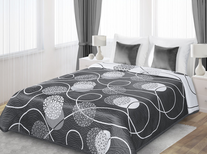 Dwustronne narzuty i kapy na łóżko w kolorze stalowym z białym wzorem