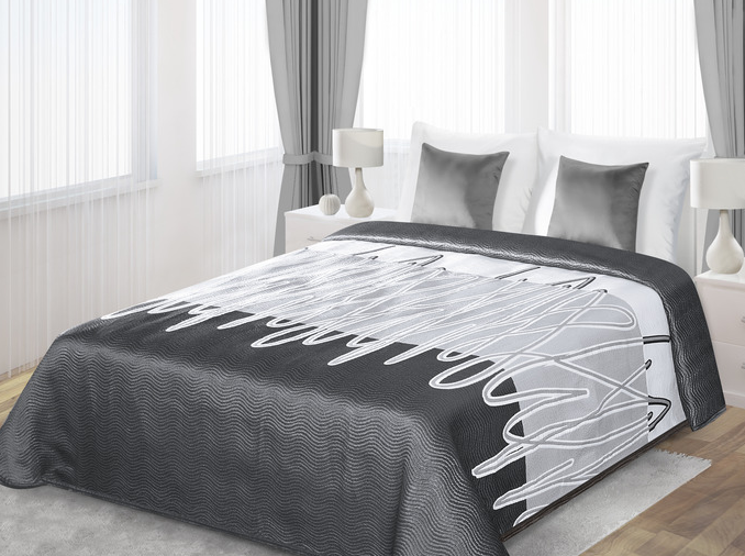 Modne narzuty dwustronne na łóżko w kolorze stalowym z białym wzorkiem 