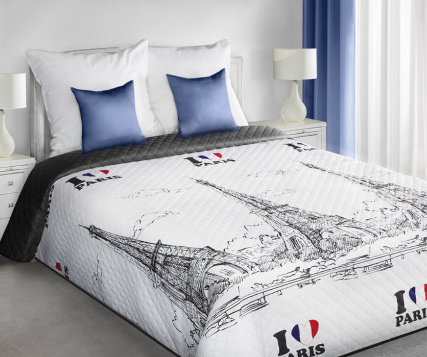 Biała młodzieżowa narzuta na łóżko z Paryżem