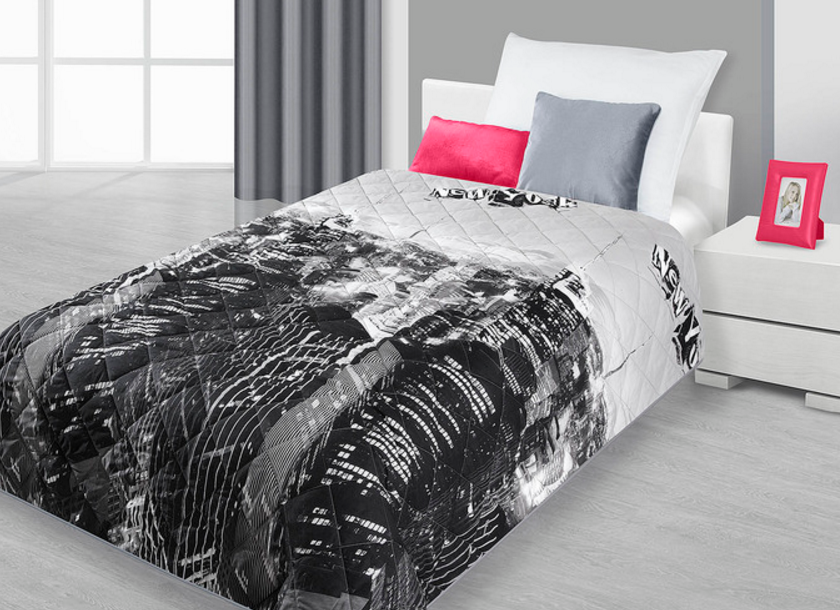 Młodzieżowa narzuta na łóżko z Nowym Jorkiem koloru szarego