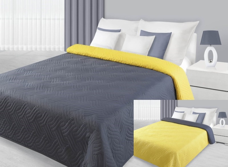 Narzuty dwustronne na łóżko w kolorze szaro żółtym