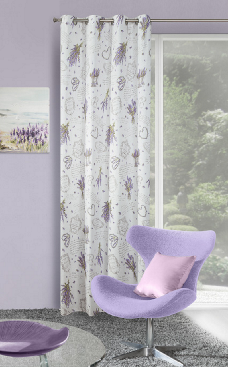 Biała zasłona okienna z fioletowym wzorem