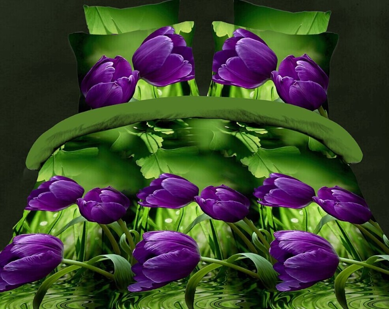 Pościel zielona z mikrwłókna w fioletowe tulipany