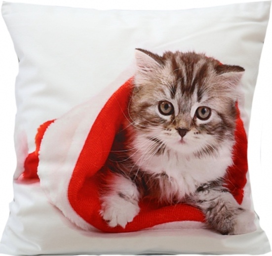 Dekoracyjne białe poszewki na zagłówek z kotkiem leżącym w czerwonej czapce