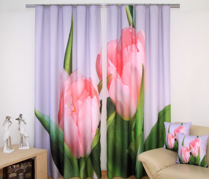 Modna zasłona 3D w kolorze fioletowym w różowe tulipany