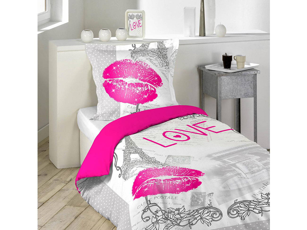 Bawełniana pościel 160x200 szara z różowymi ustami