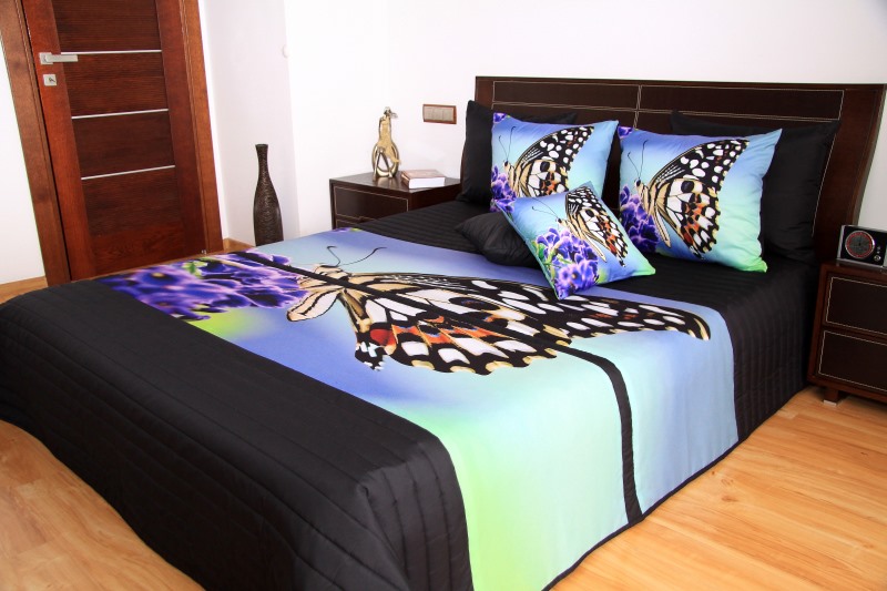 3D narzuty na łóżko w kolorze czarnym z niebieskim motylem