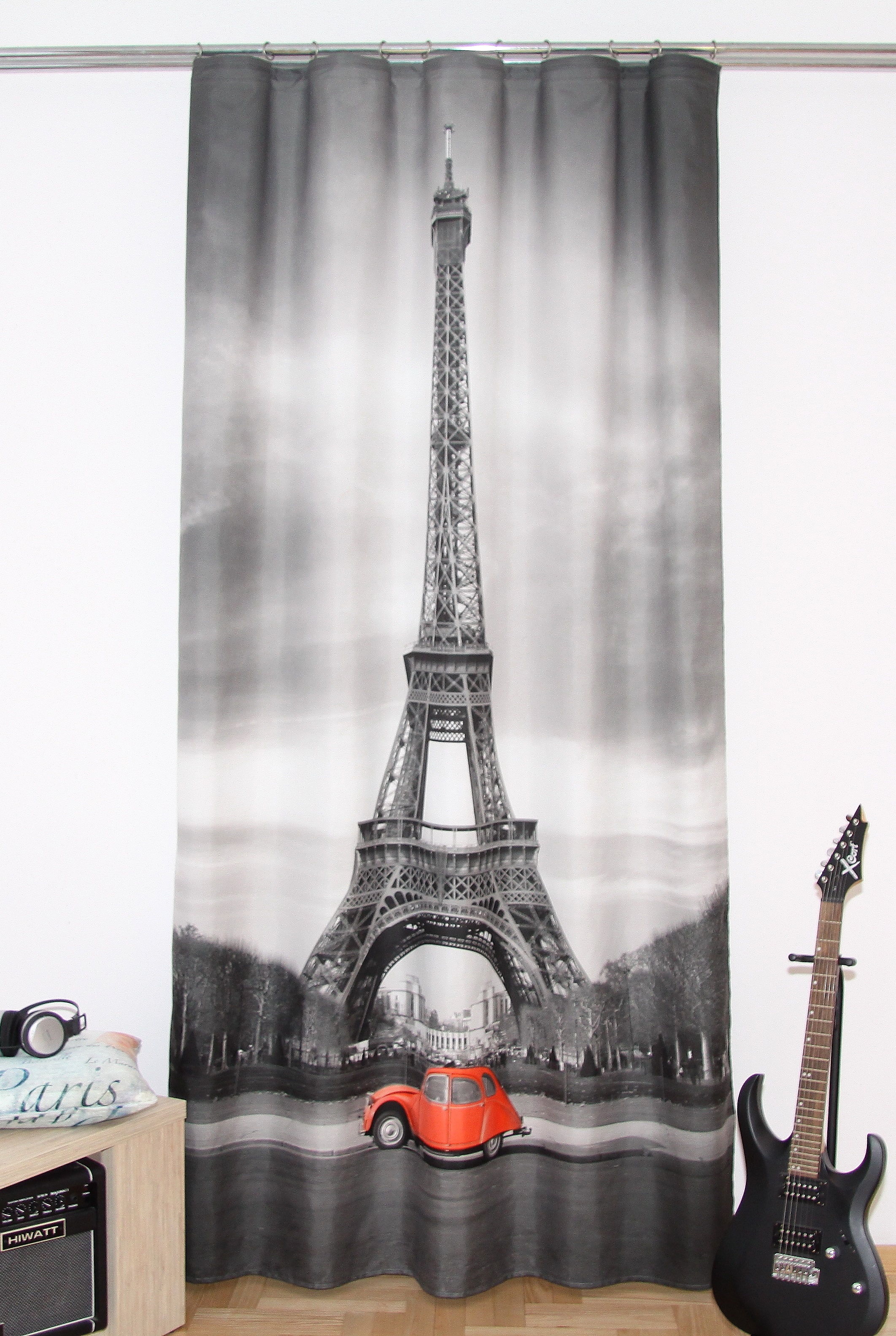 Zasłony 3D szare z wieżą Eiffla