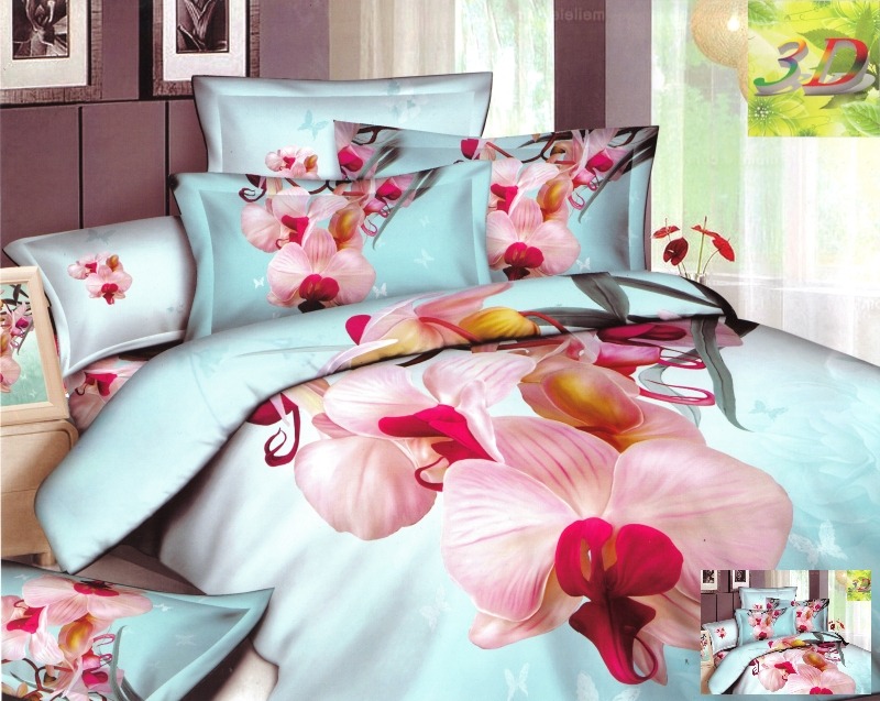 Pościel bawełniana na łóżko w kolorze błękitnym z różowymi kwiatami